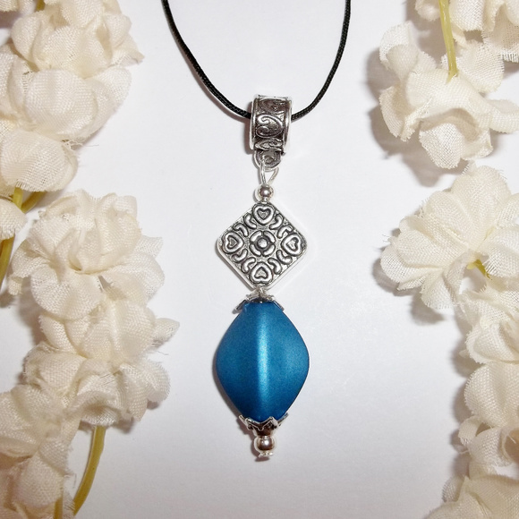 Blue Beaded Necklace Pendant Adjustable Handmade Jewelry Gift Idea Her NWT 4790 - Picture 7 of 8